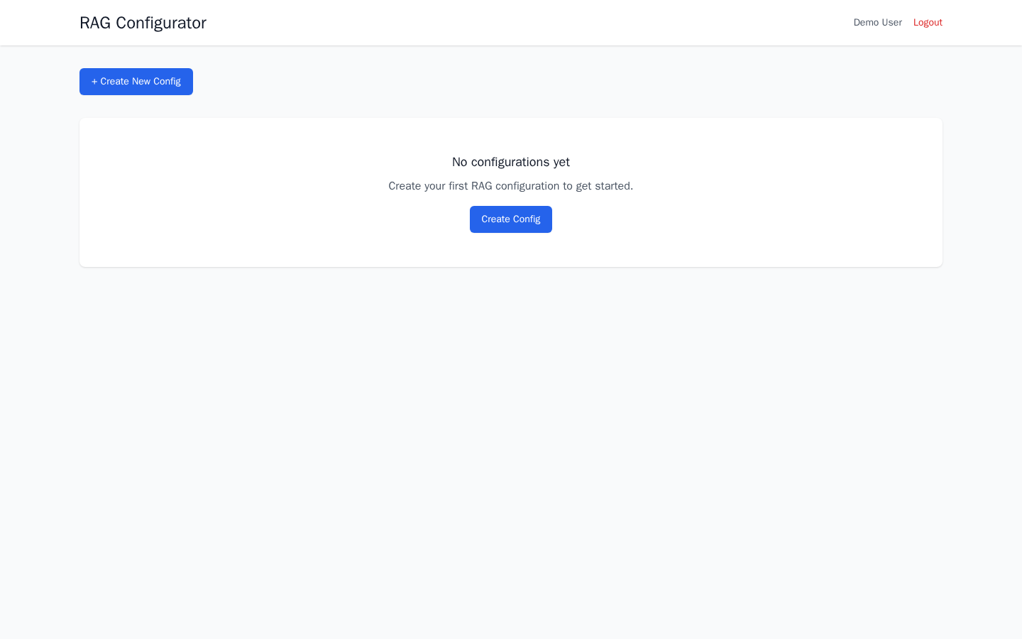 Dashboard showing all RAG configurations
