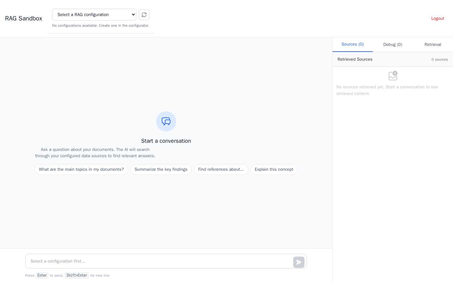 Sandbox chat interface with source chunks and debug panel