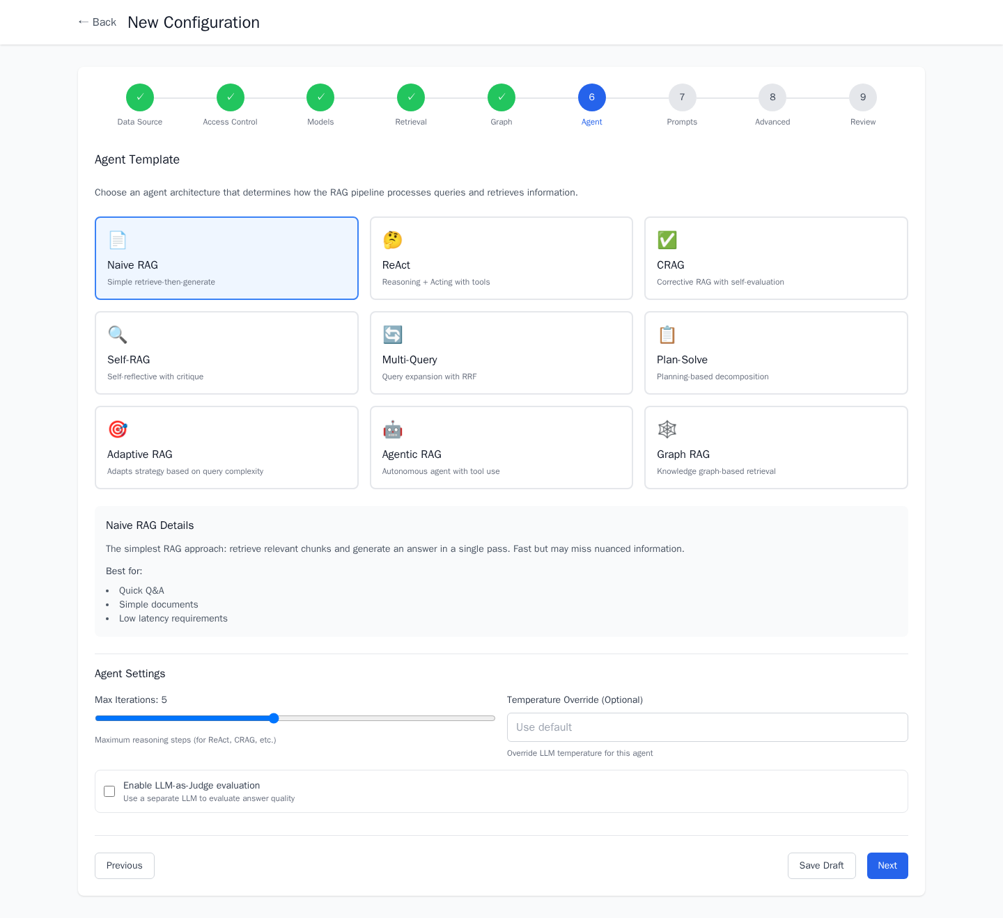 Select from 9 agent architectures — each with description and configurable parameters