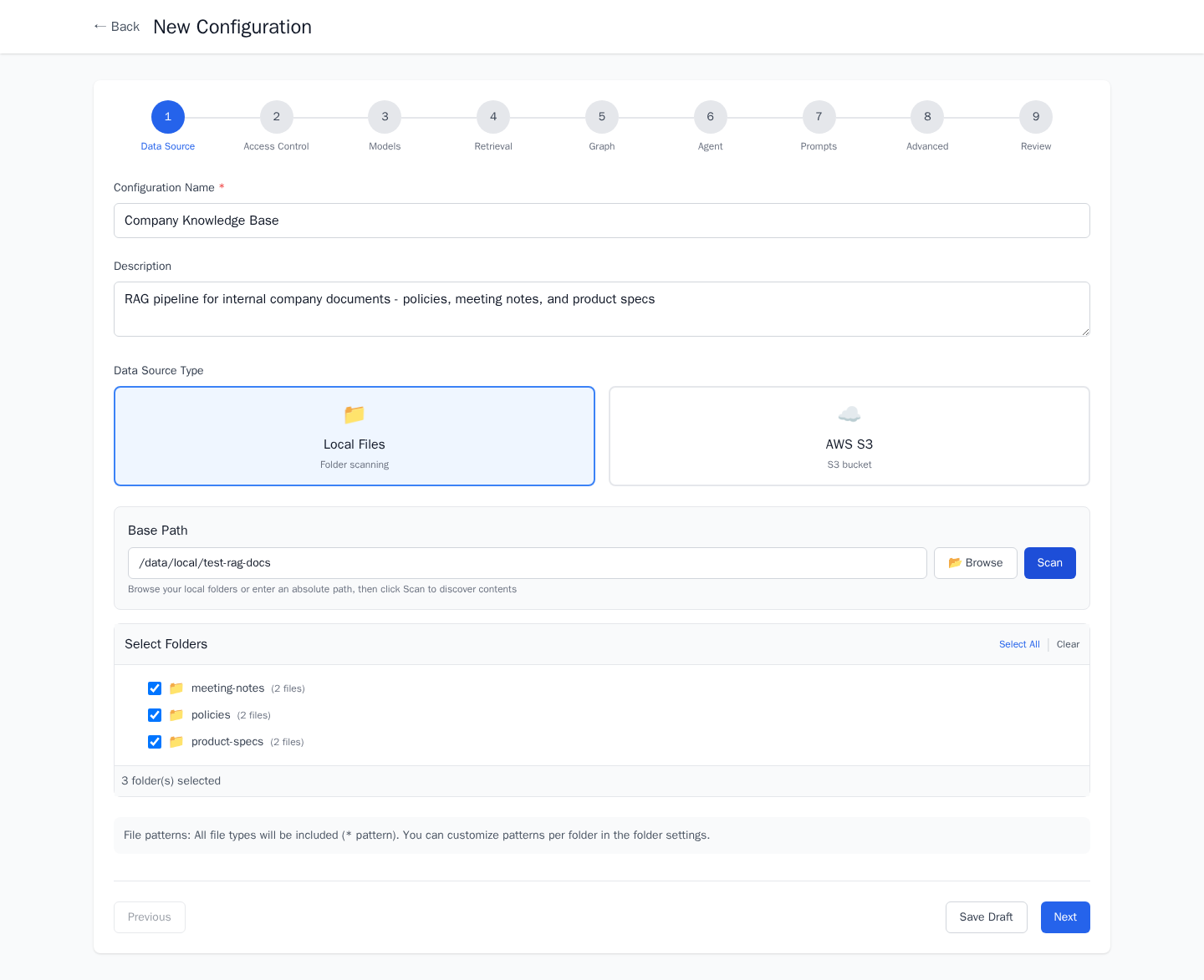 Select your data source — browse local folders or connect to S3