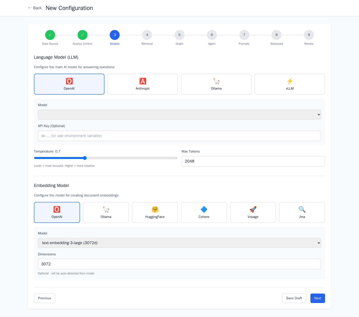 Choose your LLM and embedding model across OpenAI, Anthropic, Ollama, vLLM, and more